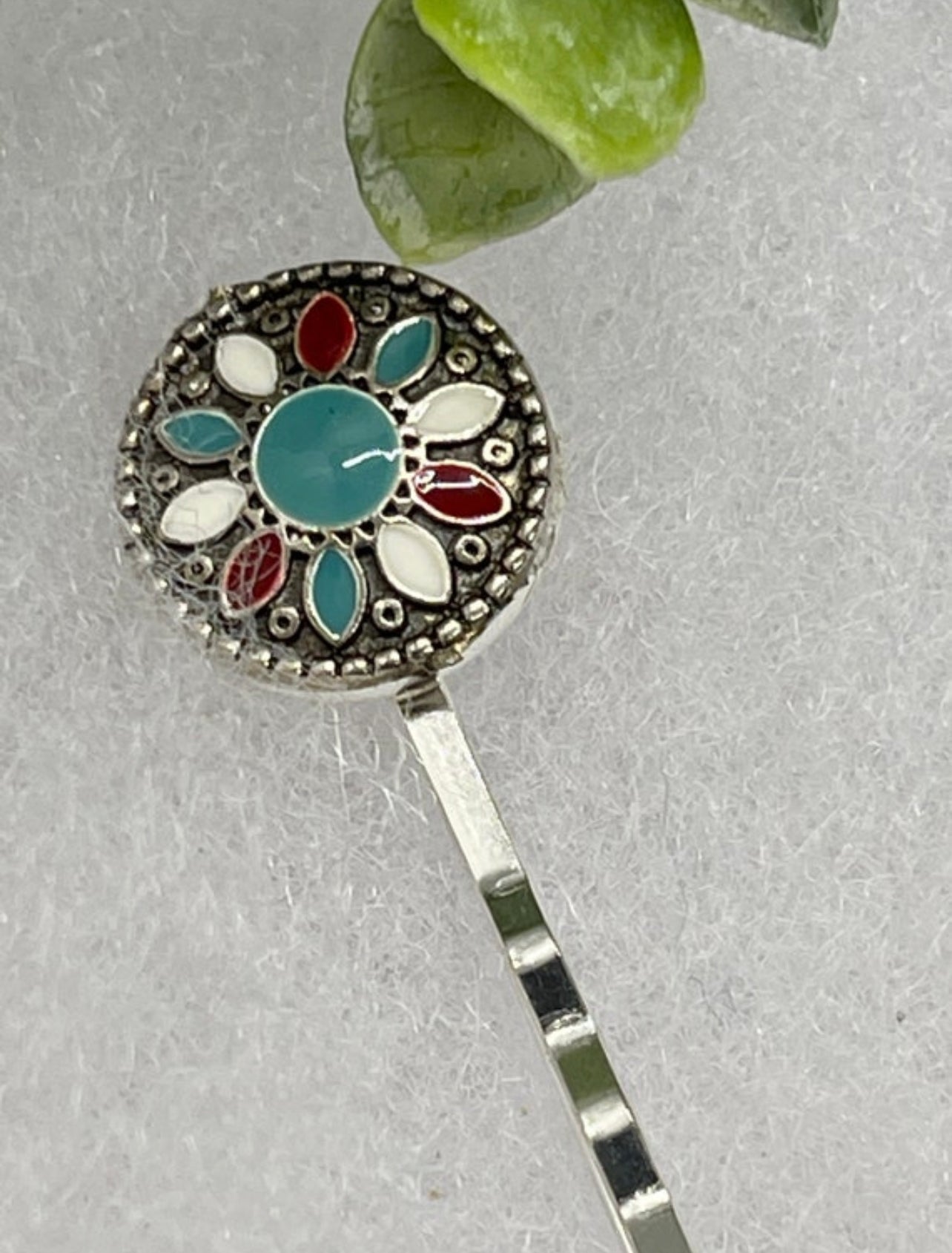 Turquoise swirl enamel vintage antique style hair pin approximately 2.5” long Handmade hair accessory bridal wedding Retro