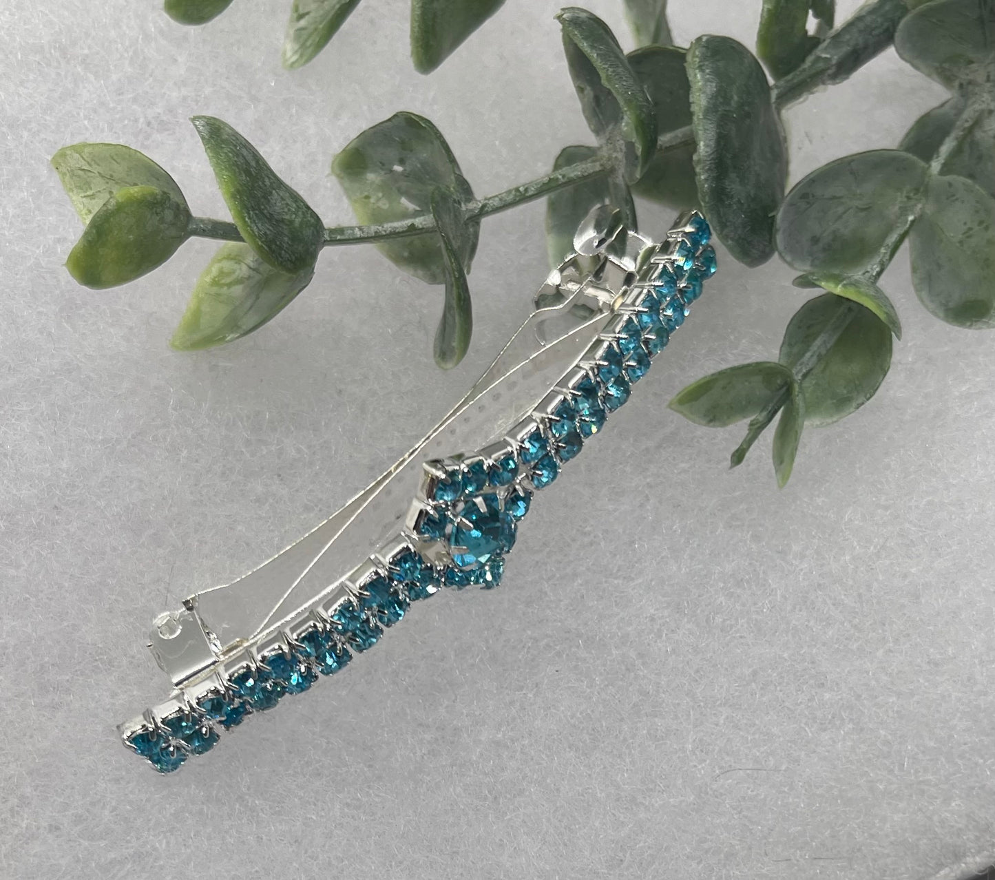 Teal Crystal Rhinestone Barrette approximately 3.0”Metal silver tone formal hair accessory gift wedding bridal shower accessories