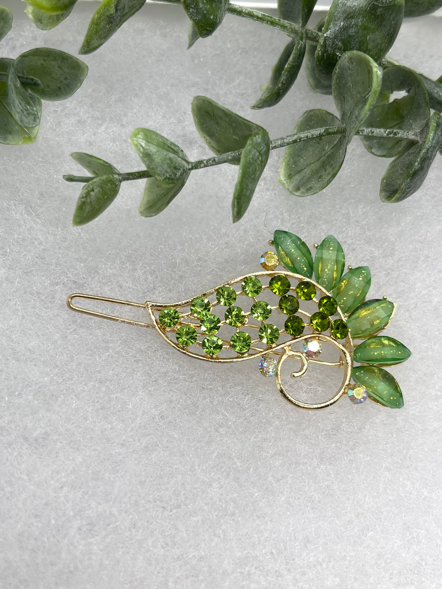 Green Crystal Rhinestone peacock hair clip approximately 3.0”Metal gold tone formal hair accessory gift wedding bridal engagement