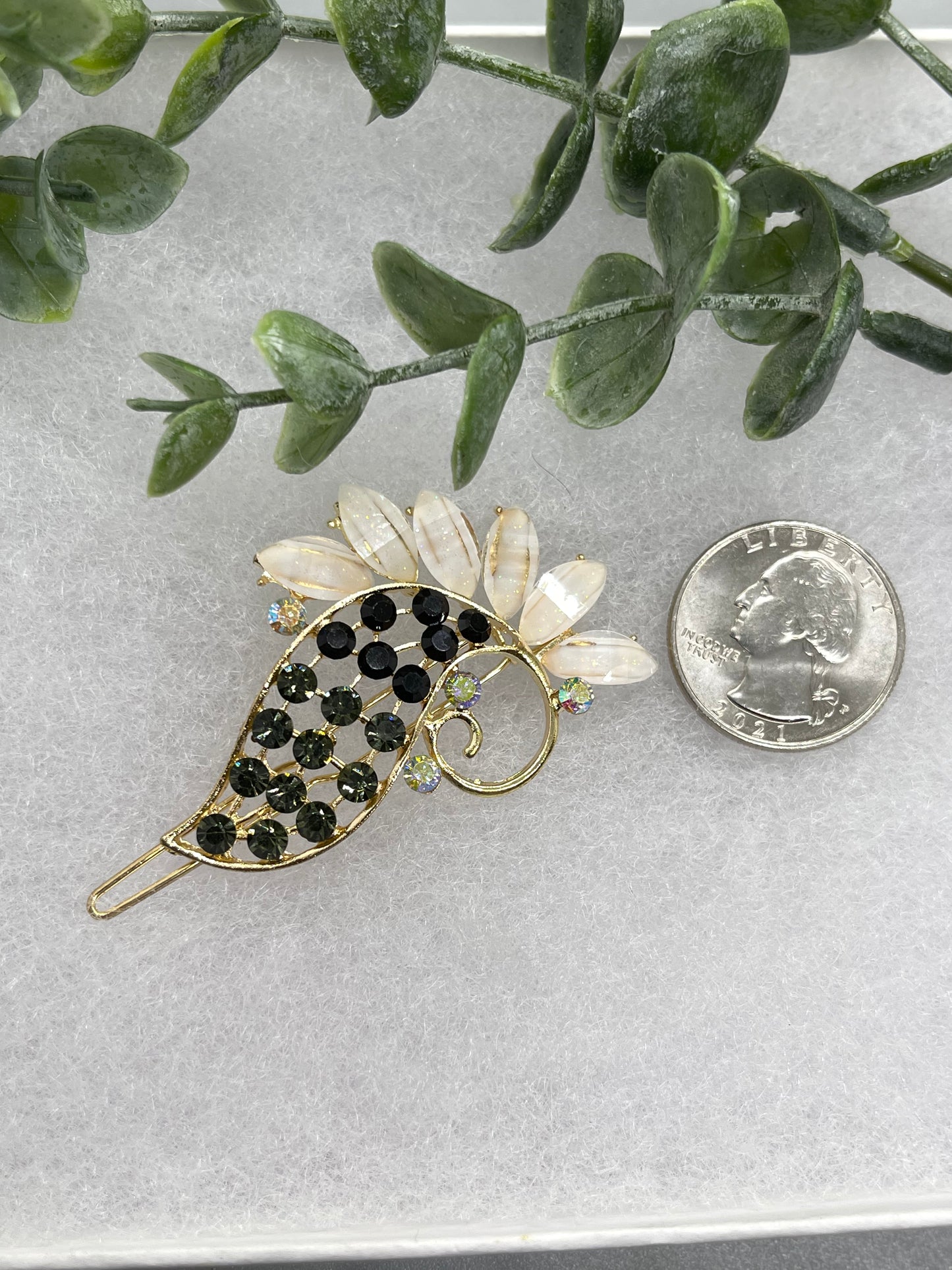 White with black  Crystal Rhinestone peacock hair clip approximately 3.0”Metal gold tone formal hair accessory gift wedding bridal engagement