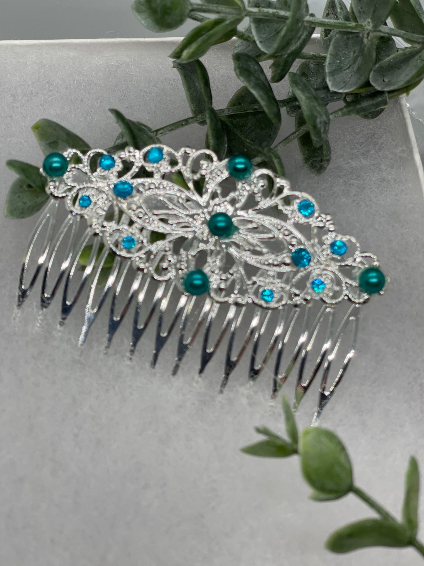 Green Teal crystal rhinestone pearls vintage style gold  side comb hair accessory accessories gift birthday 3.5” Metal side Comb