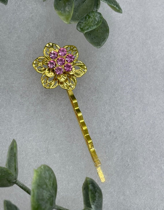 Pink crystal rhinestone flower vintage antique style hair pin approximately 2.5” long Handmade hair accessory bridal wedding Retro