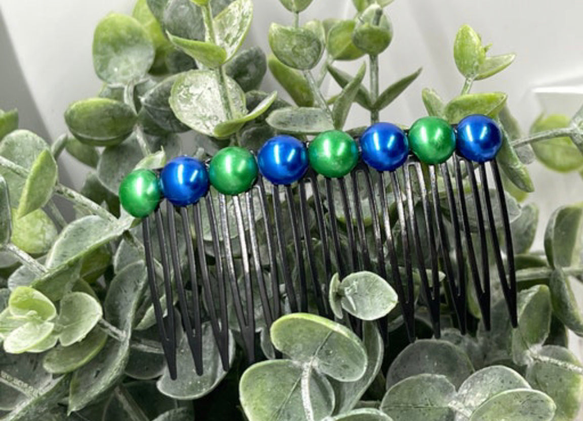 Royal blue Green faux pearl side comb approximately 3.5” long black plastic hair accessory bridal wedding Retro