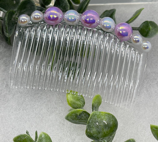 Iridescent Lavender white faux pearl side comb 3.5” clear  plastic hair accessory bridal wedding Retro Bridal Party Prom Birthday gifts