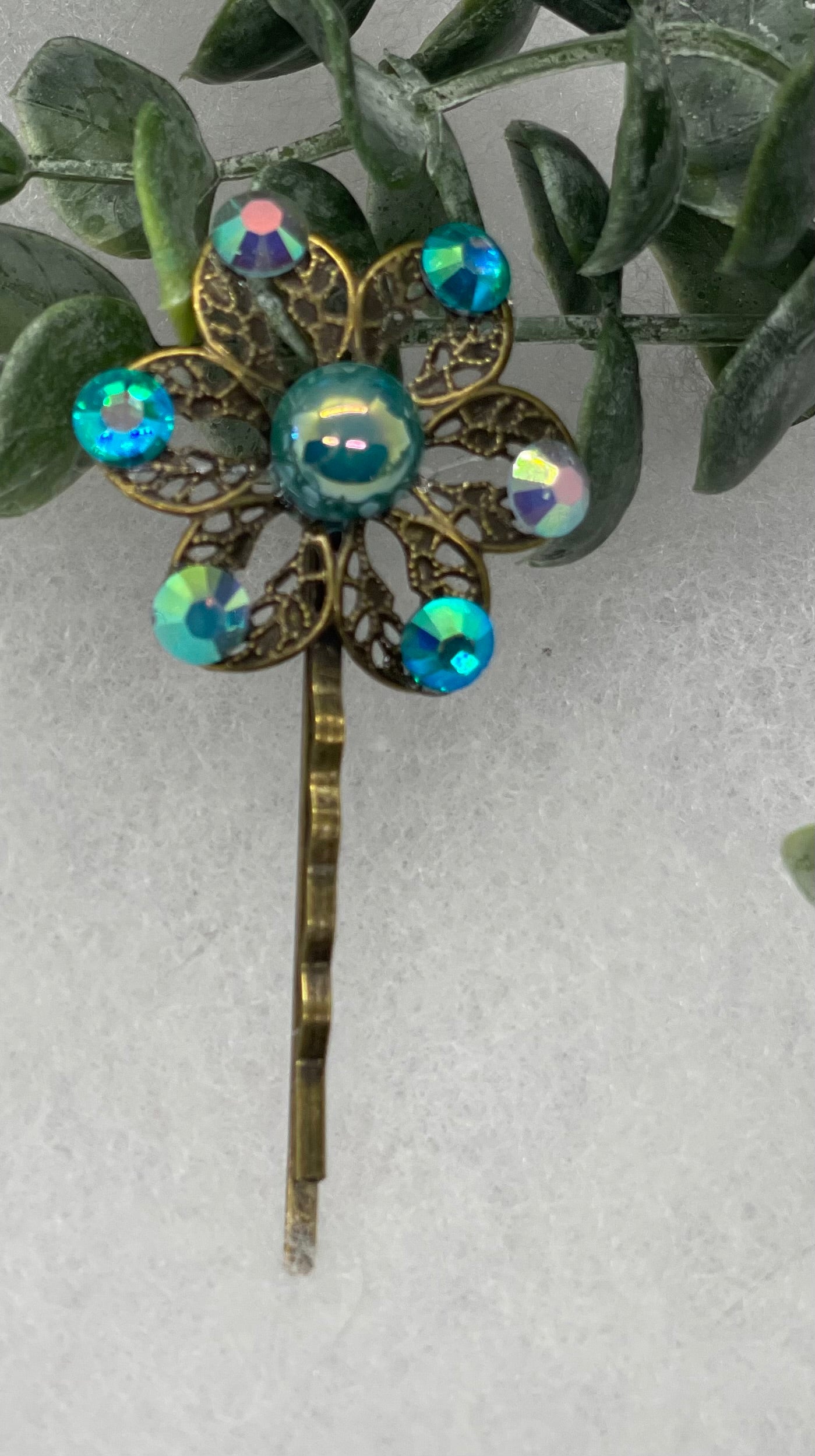 Teal crystal iridescent pearl Antique vintage Style approximately 3.0” flower hair pin wedding engagement bride princess formal hair accessory