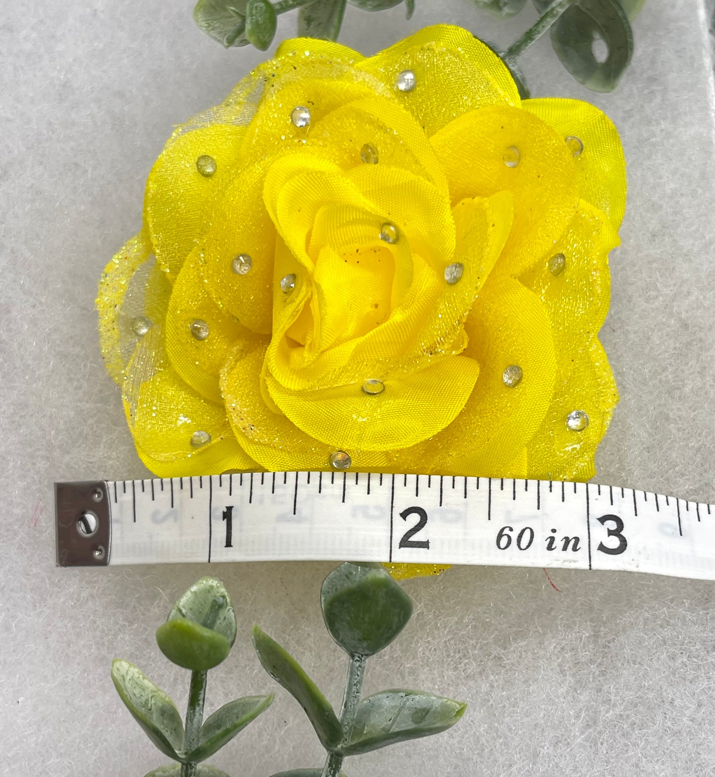 Yellow Rose flower crystal rhinestone embellished alligator clip approximately 3.0” formal hair accessory wedding