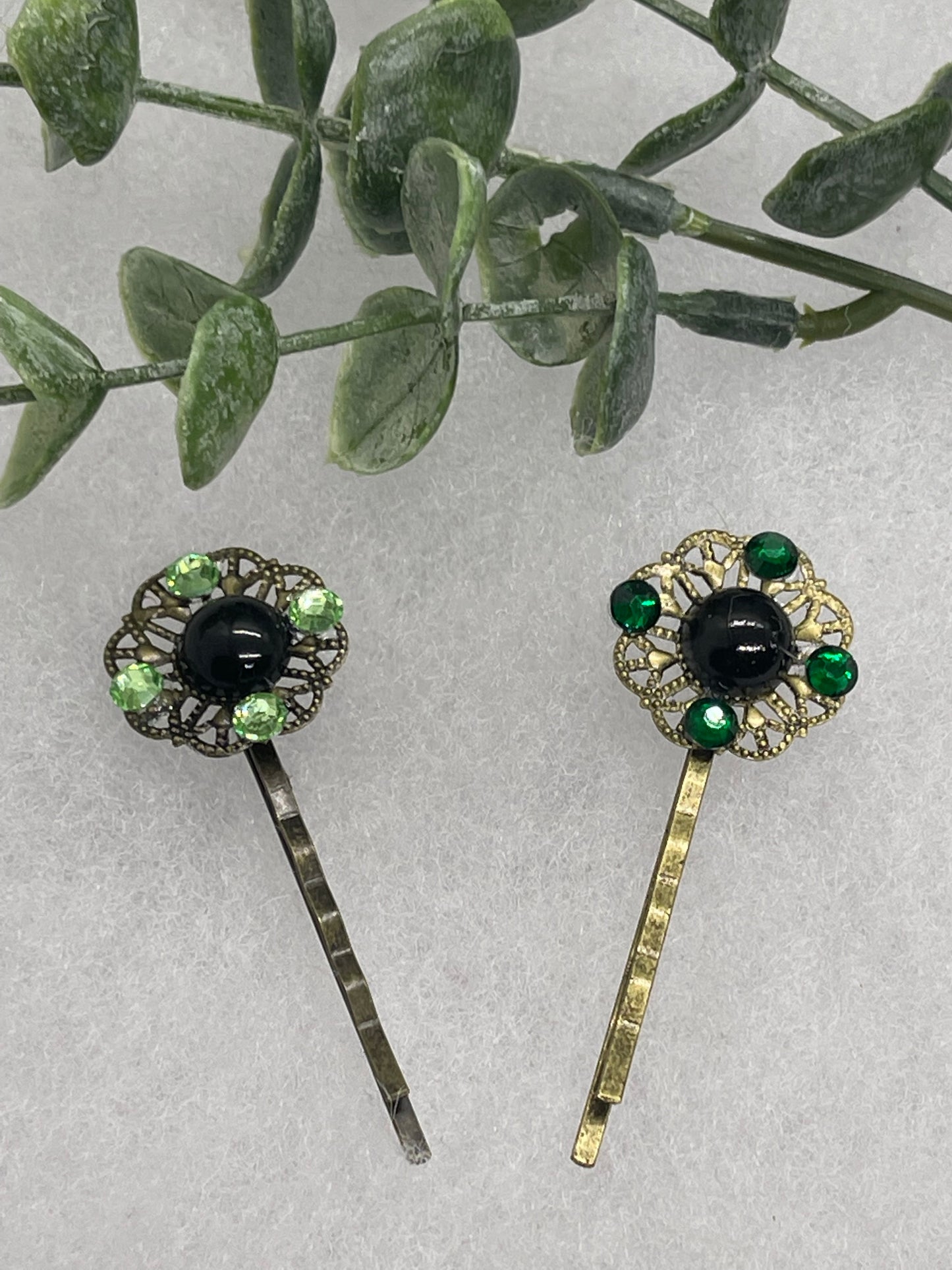 Green  crystal black faux pearl Antique vintage Style approximately 2.5” flower hair pin wedding engagem