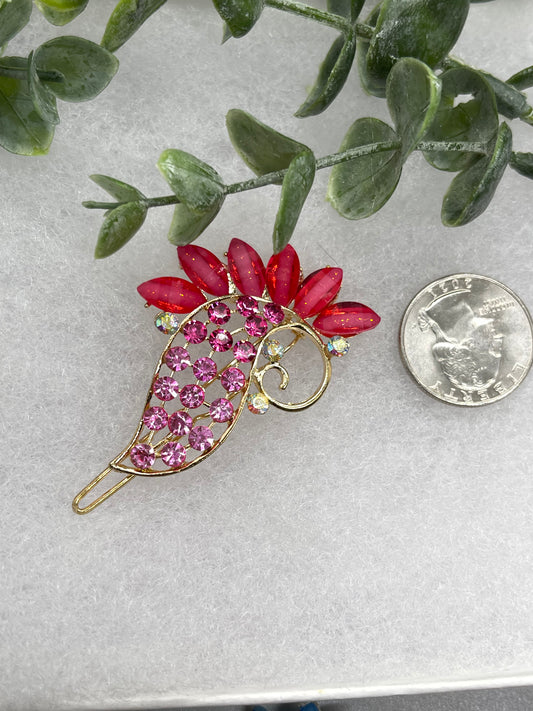 Red with pink Crystal Rhinestone peacock hair clip approximately 3.0”Metal gold tone formal hair accessory gift wedding bridal engagement