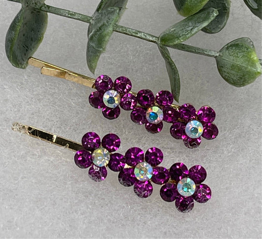 Purple crystal rhinestone flowers approximately 2.0” gold tone hair pins 2 pc set wedding bridal shower engagement