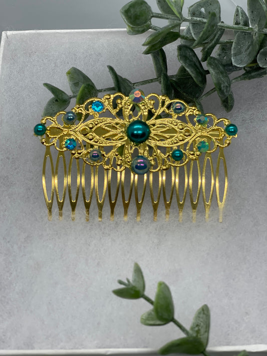 Iridescent blue teal  crystal rhinestone pearl vintage style  side comb hair accessories gift birthday 3.5” Metal side Comb