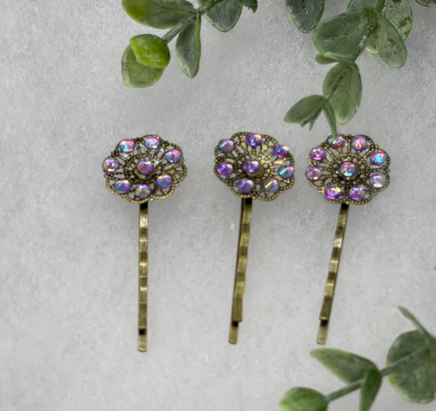 Purple rainbow  crystal  3 pc set Antique vintage Style approximately 3.0” flower hair pin wedding engagement bride princess formal hair accessories