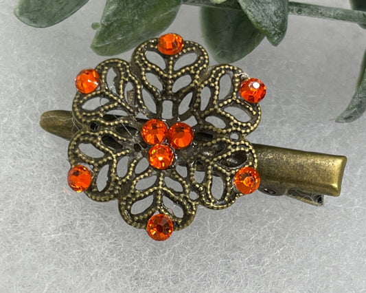 Orange Crystal vintage antique style flower hair alligator clip approximately 2.0” long Handmade hair accessory bridal wedding Retro