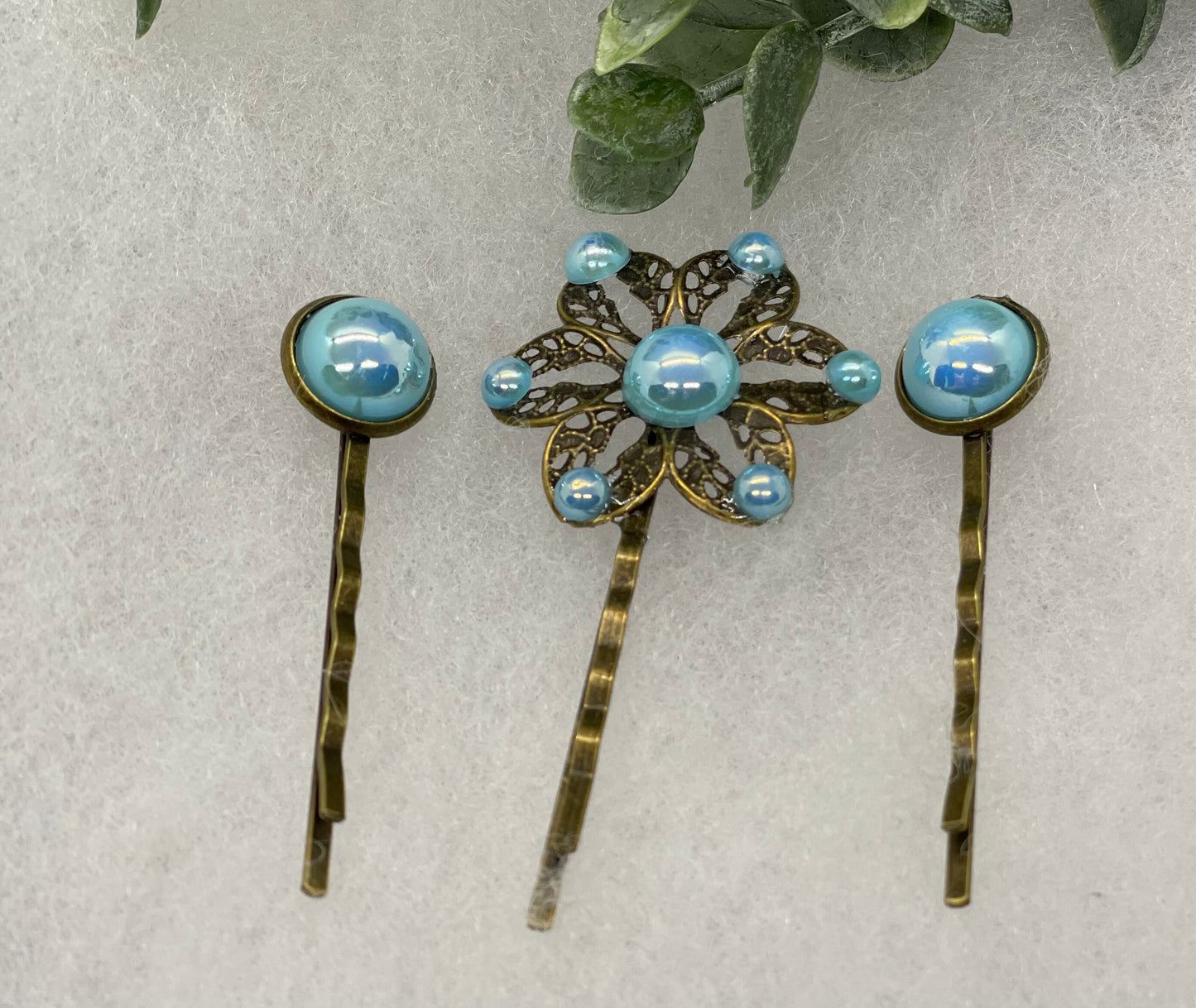 Baby Blue faux pearl 3 pc set Antique vintage Style approximately 3.0” flower hair pin wedding engagement bride princess formal hair accessories