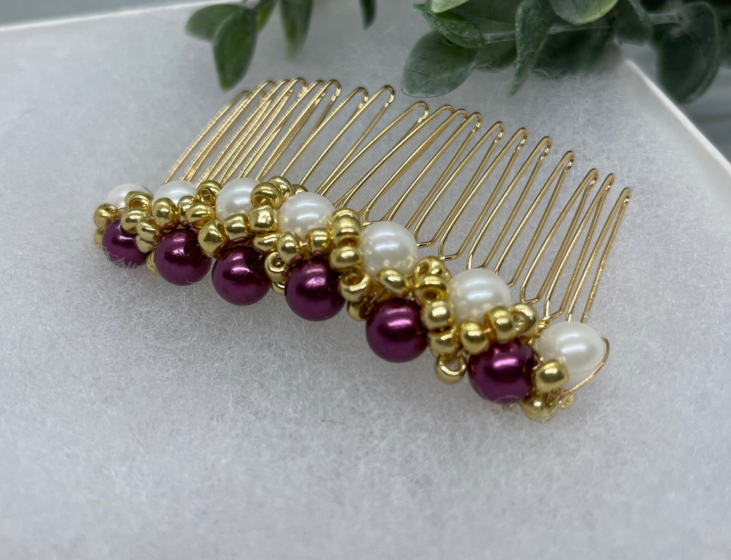 Purple White  gold beaded side Comb 3.5” gold Metal hair Accessories bridesmaid birthday princess wedding gift handmade accessories