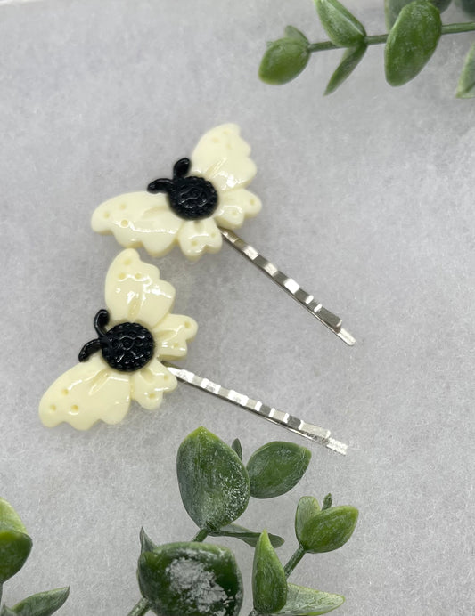 2 pc cream black Butterfly hair pins approximately 2.0”silver tone formal hair accessory gift wedding bridal Hair accessory #011