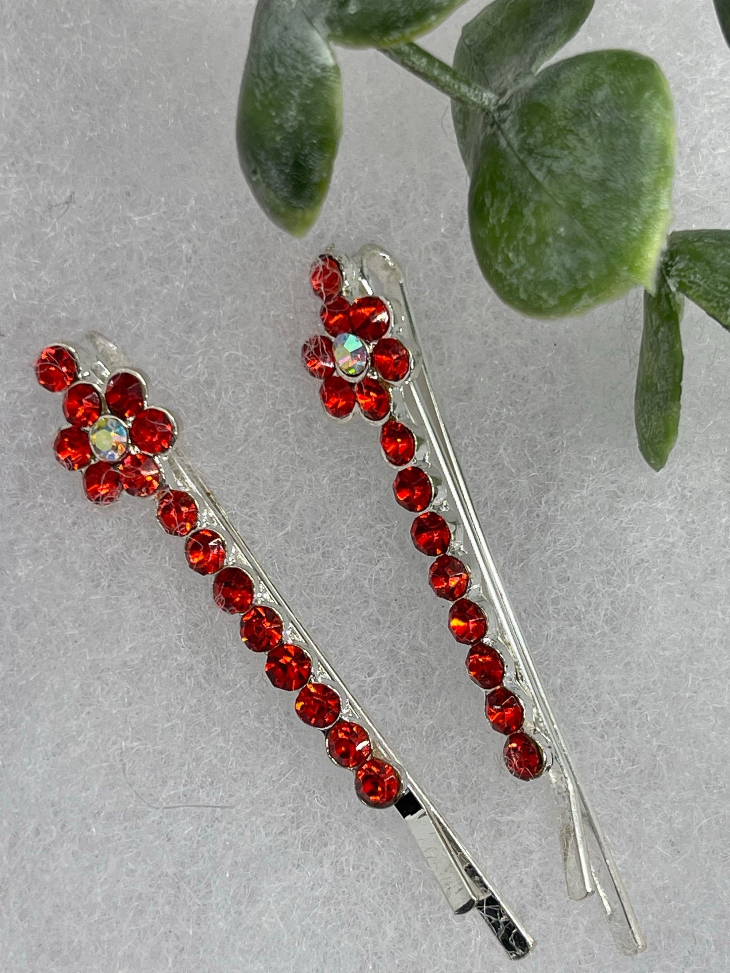 Red crystal rhinestone approximately 2.0” silver tone hair pins 2 pc set wedding bridal shower engagement formal princess accessory accessories