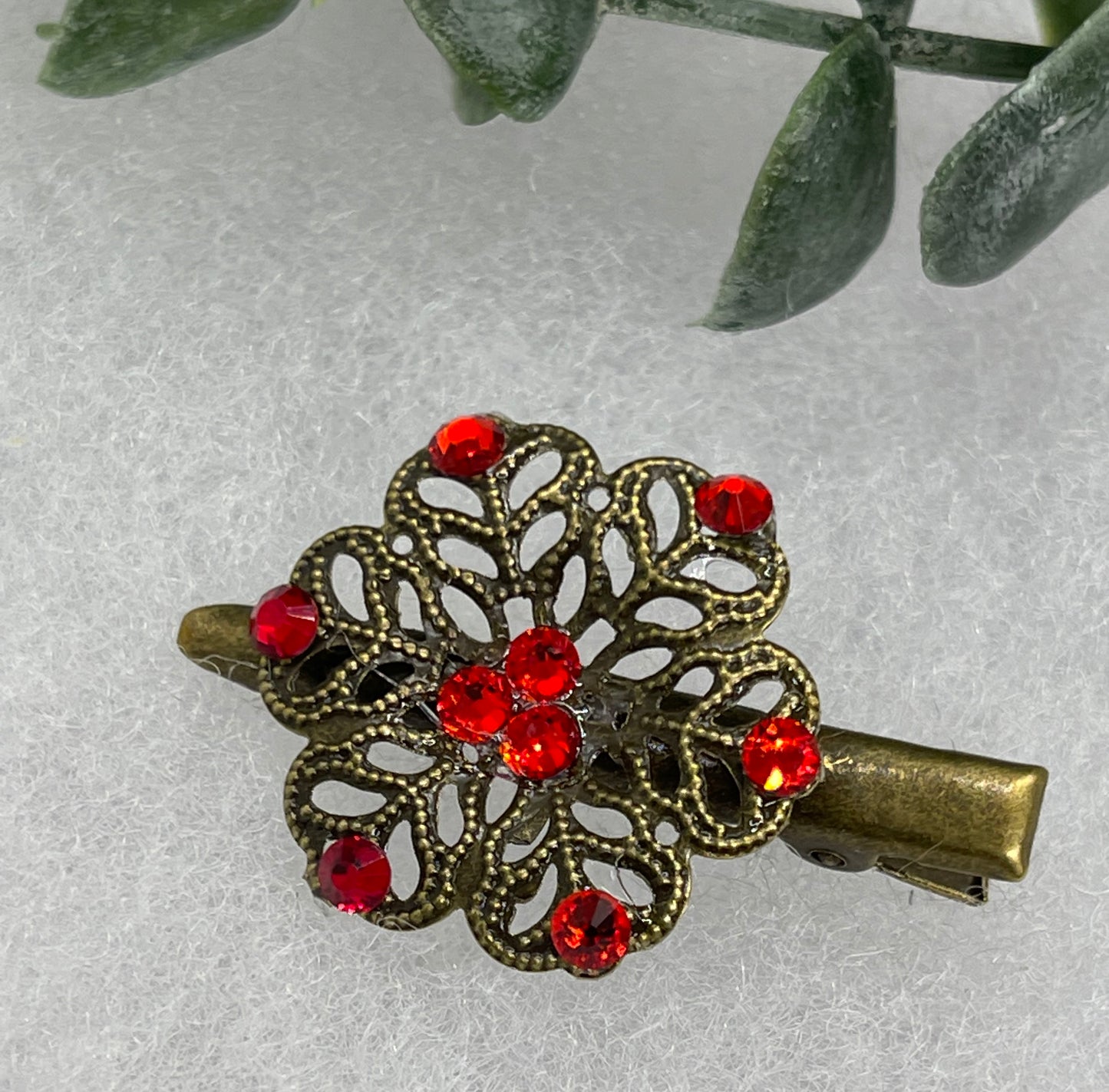 Ruby Red Crystal vintage antique style flower hair alligator clip approximately 2.0” long Handmade hair accessory bridal wedding Retro