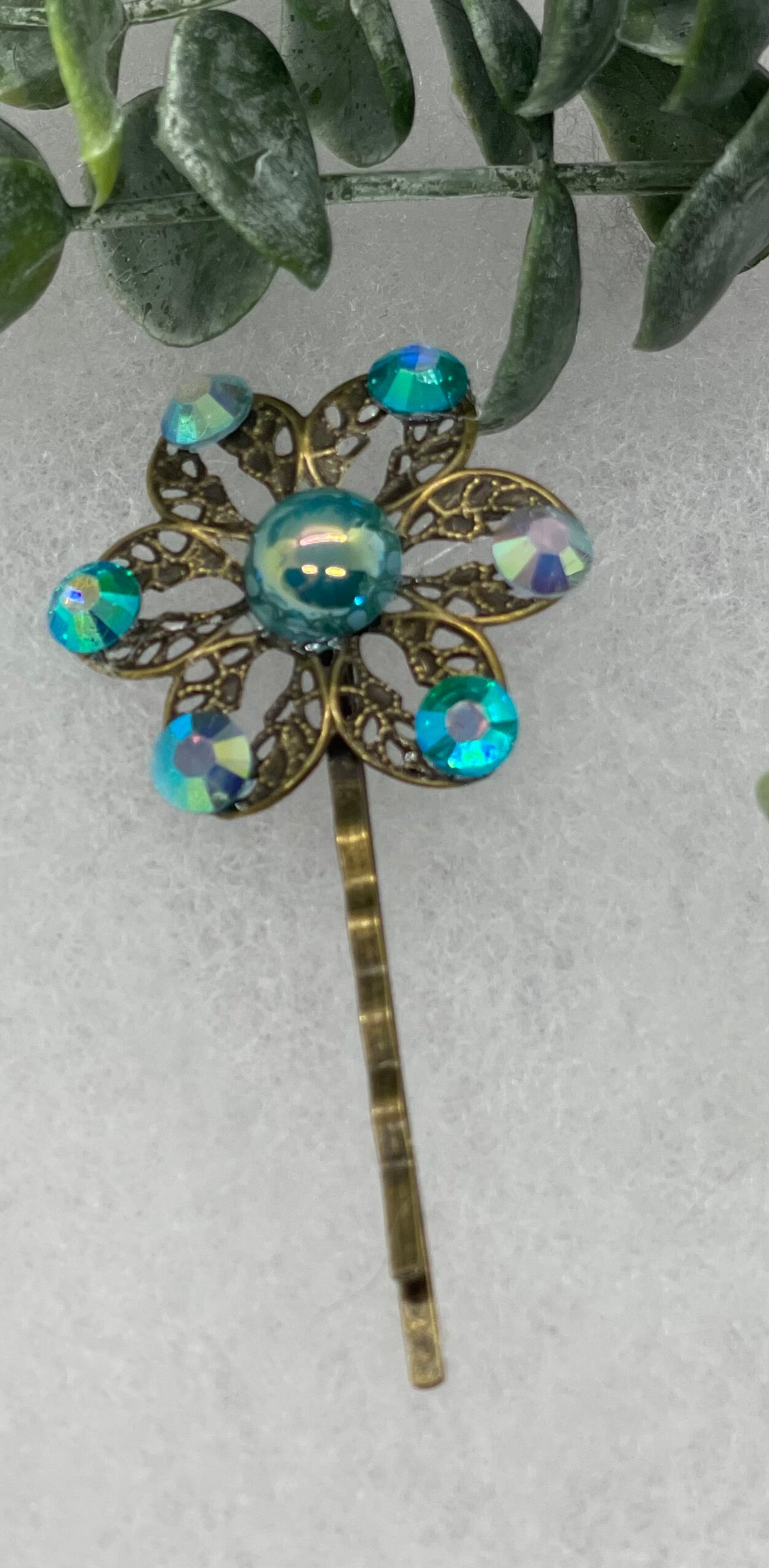 Teal crystal iridescent pearl Antique vintage Style approximately 3.0” flower hair pin wedding engagement bride princess formal hair accessory