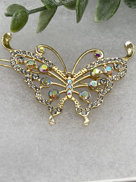 Iridescent gold butterfly Crystal Rhinestone Barrette approximately 3.5”Metal gold tone formal hair accessory