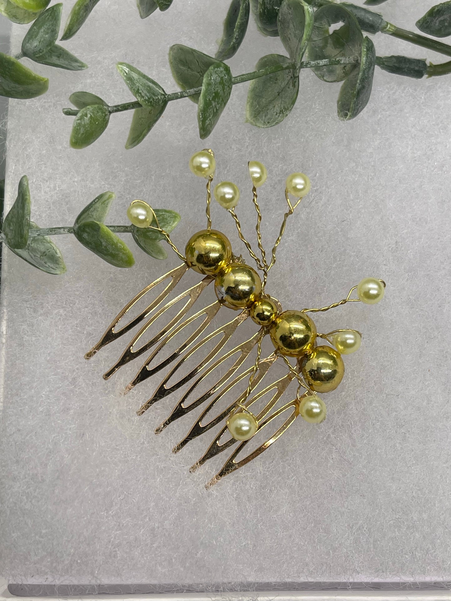 Yellow Gold  faux Pearl 2.0” gold tone bridal side Comb accents vine handmade by hairdazzzel wedding accessory