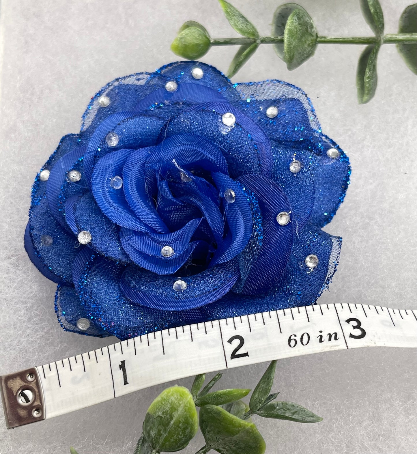 Blue Rose flower crystal rhinestone embellished alligator clip approximately 3.0” formal hair accessory wedding bridal