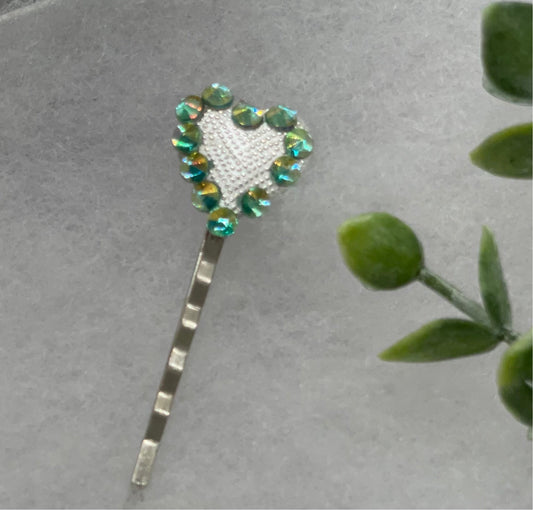 Heart green iridescent crystal rhinestone Silver2.5” long hair hair pin hair Accessories gifts birthday princess