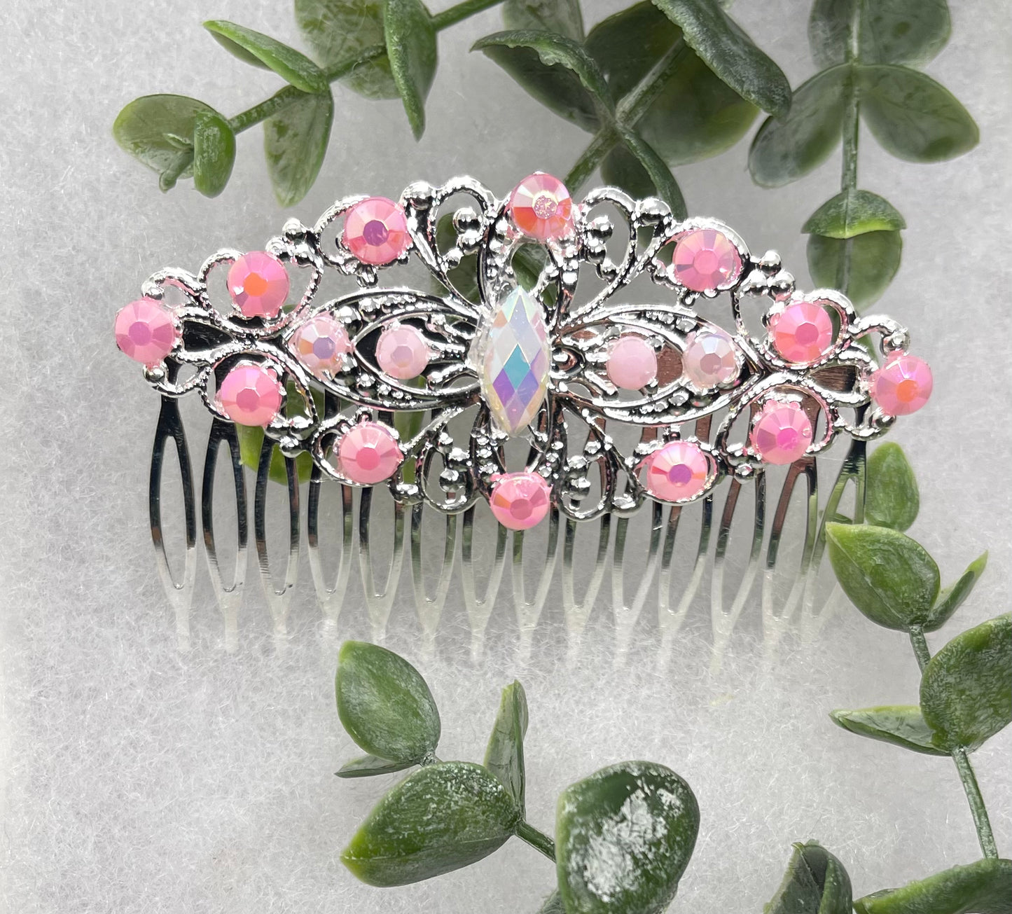 Pink iridescent pearl Vintage Style Crystal Rhinestone 3.5” antique tone Metal side Comb bridal accessories