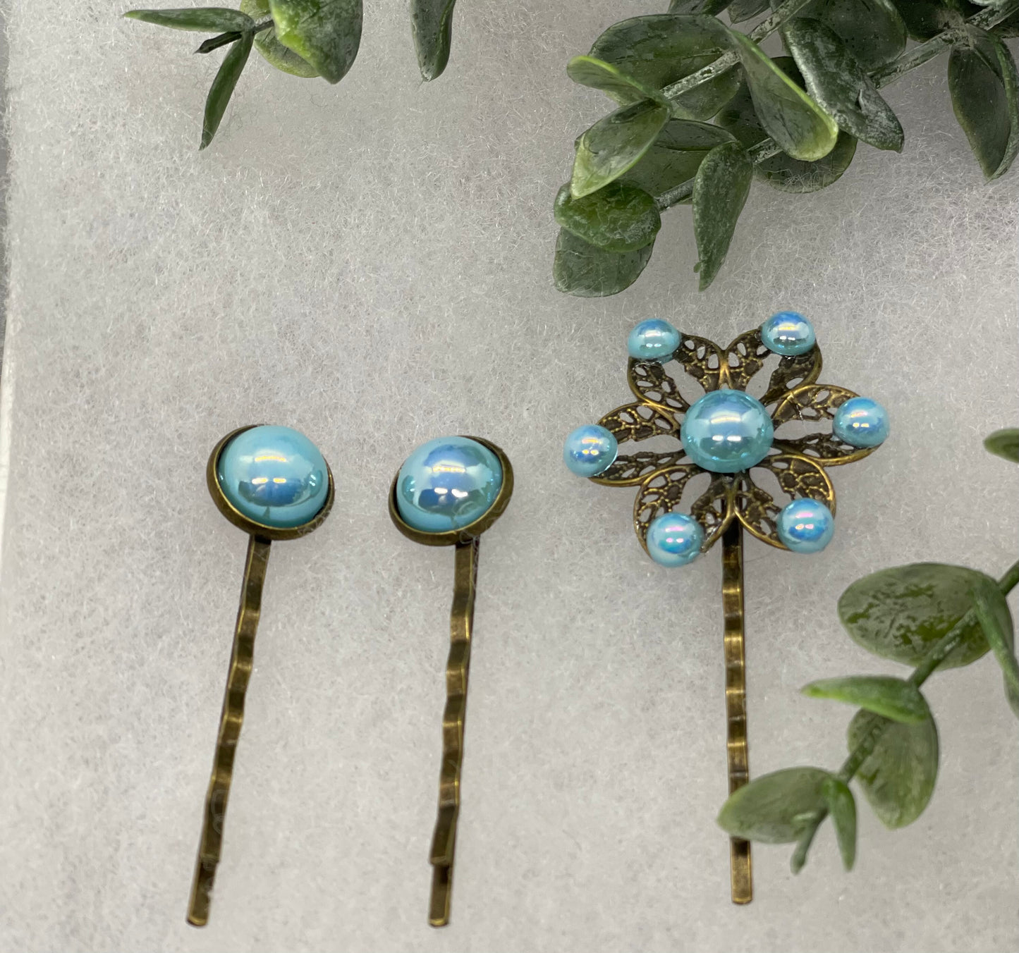 Baby Blue faux pearl 3 pc set Antique vintage Style approximately 3.0” flower hair pin wedding engagement bride princess formal hair accessories