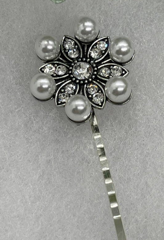 Pearl Crystal vintage antique style hair pin approximately 2.5” long Handmade hair accessory bridal wedding Retro