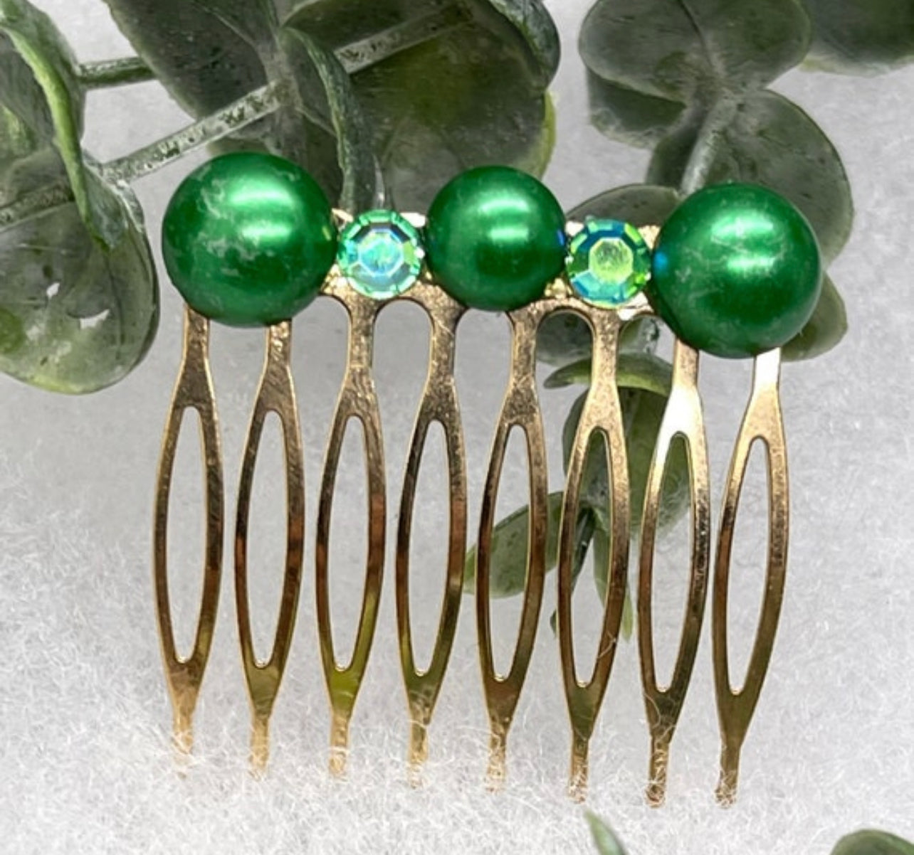 Emerald Green faux Pearl crystal side comb approximately 2.0”long gold metal hair accessory bridal wedding Retro