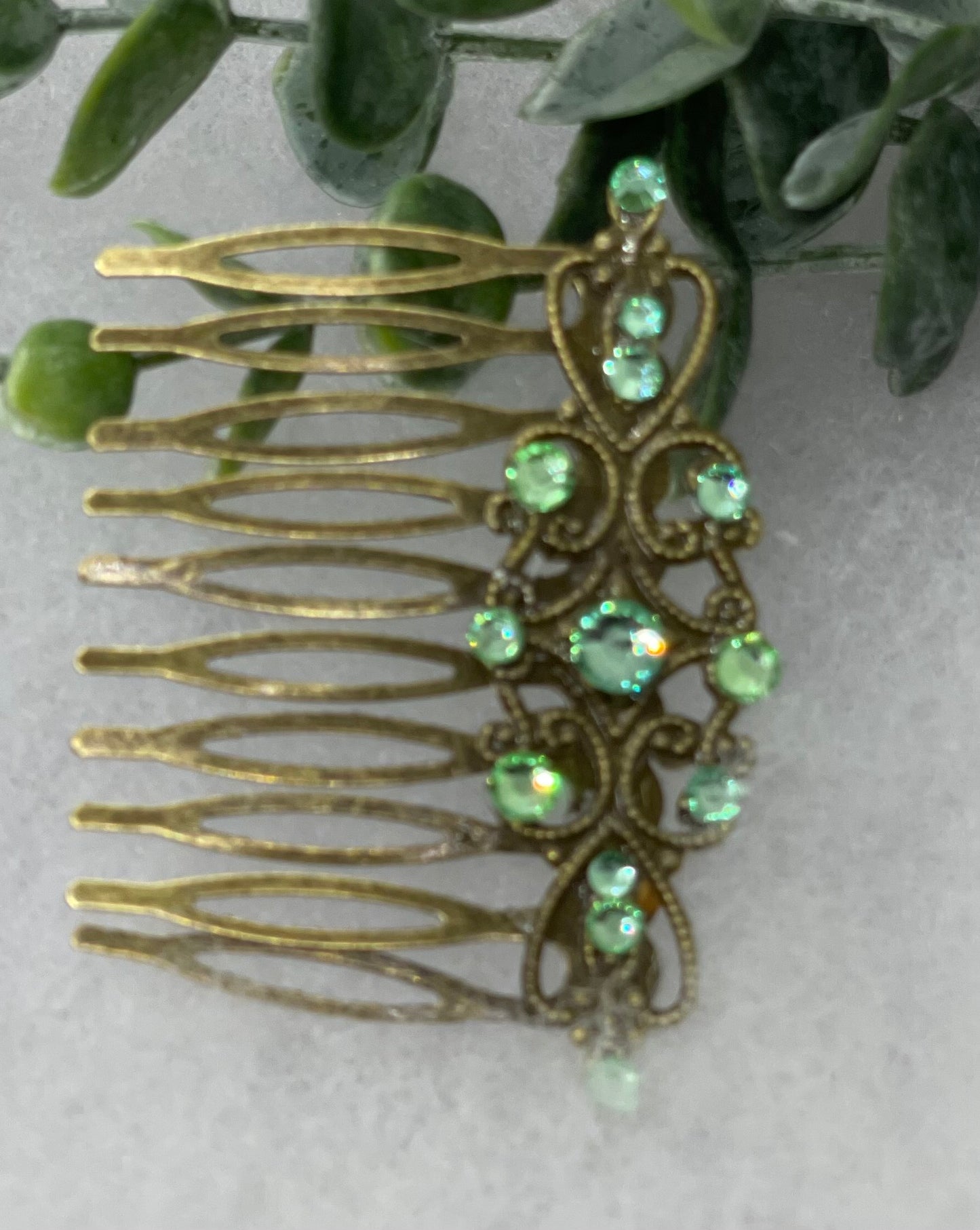 Green crystal rhinestone vintage style antique  tone side comb hair accessory accessories gift birthday event formal bridesmaid  2.5” Metal side Comb