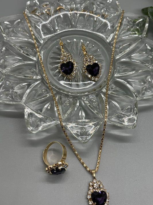 Black crystal rhinestone hearts 4 pc set gold necklace earrings ring set