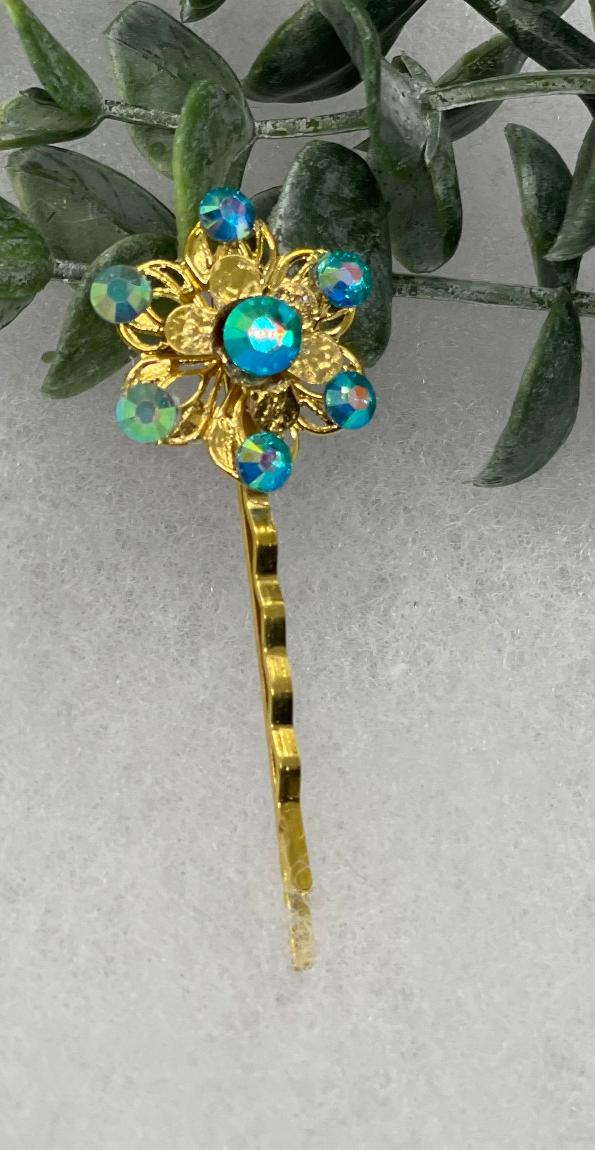 Iridescent Teal crystal Gold Antique vintage Style approximately 3.0” flower hair pin wedding