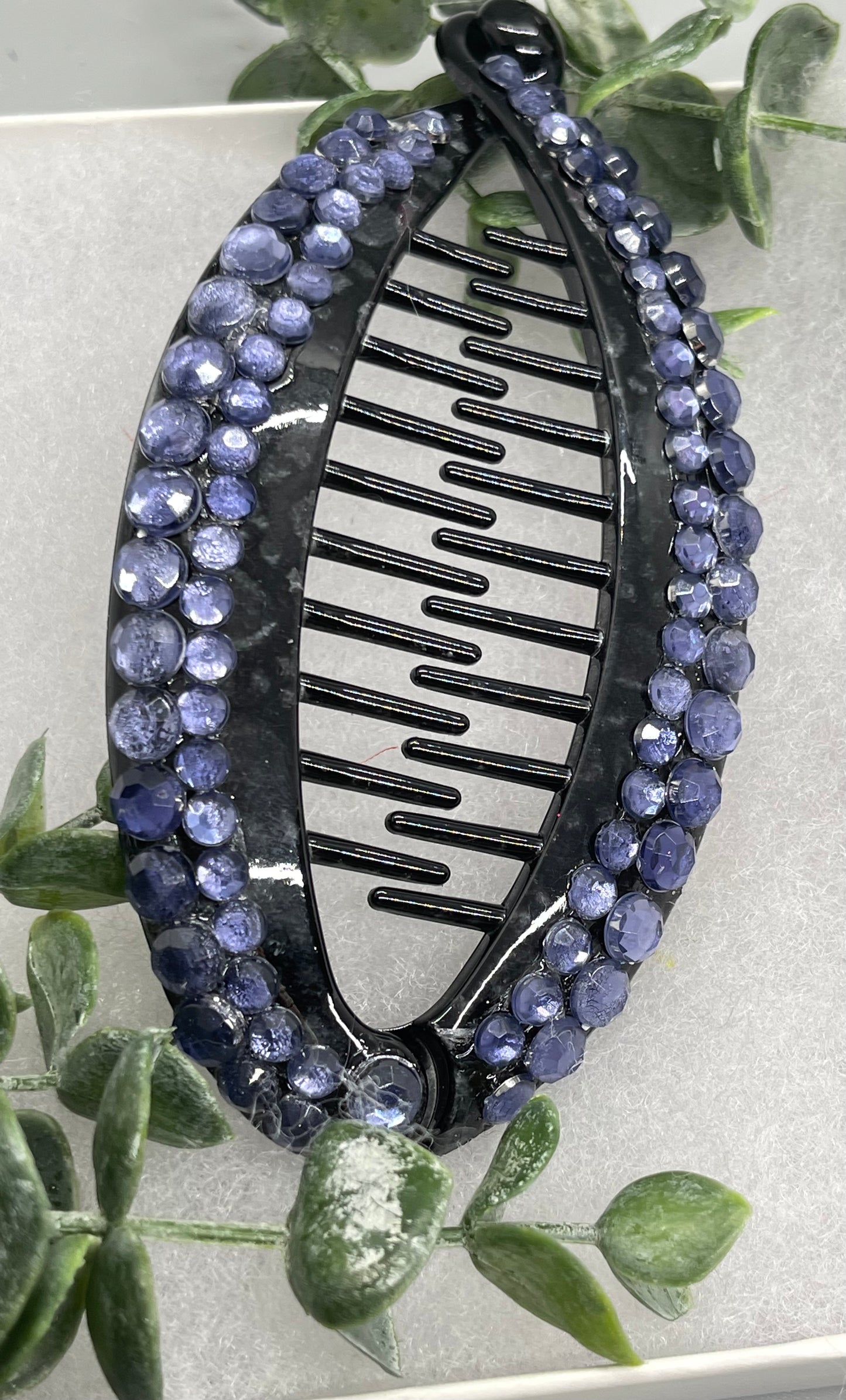 Blue crystal rhinestone hand Embellished 5” L 3”W Black banana comb clips bridesmaid wedding engagement party formal hair accessories