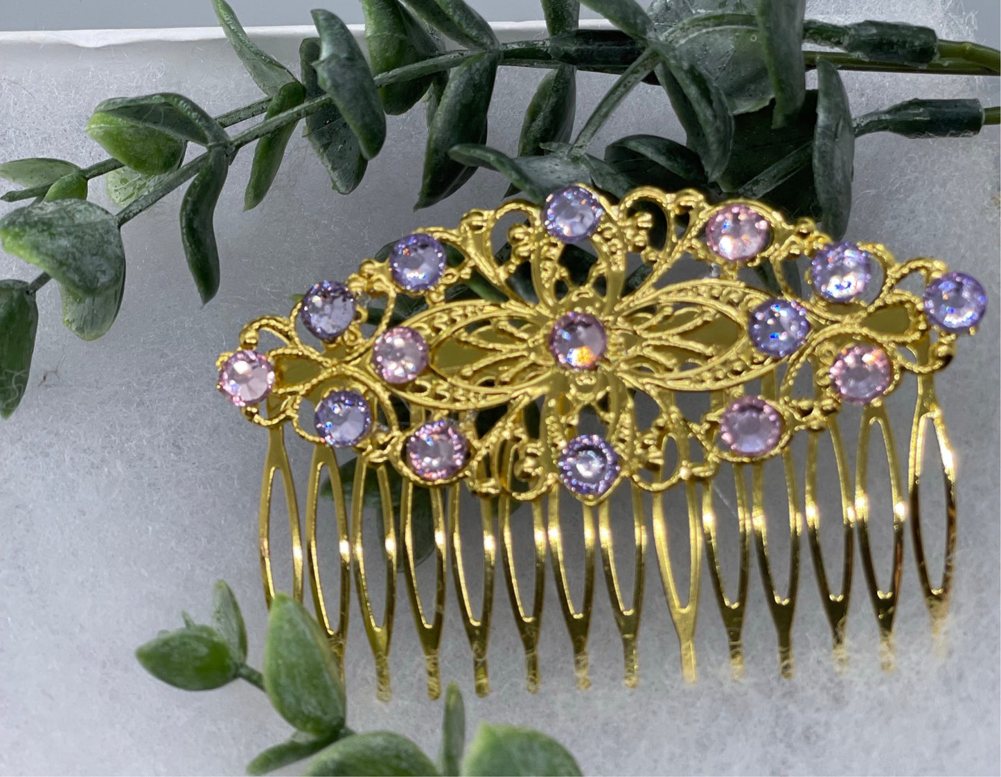 lavender pink crystal vintage style Gold  tone side comb hair accessory accessories gift birthday event formal bridesmaid wedding 3.5” Metal side Comb