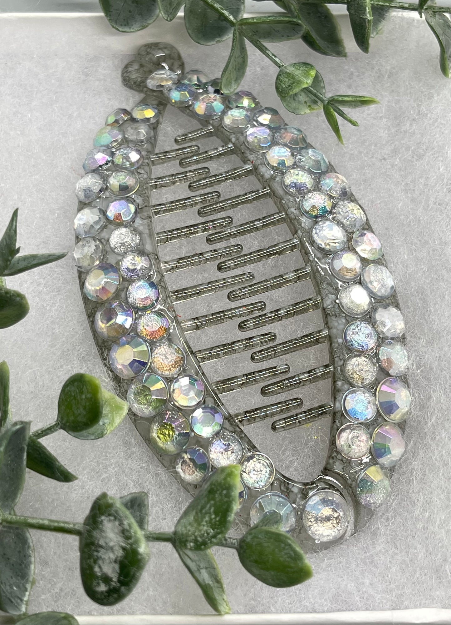 Gray Iridescent crystal rhinestone hand Embellished 5” L 3”W banana comb clips bridesmaid wedding engagement party formal hair accessories