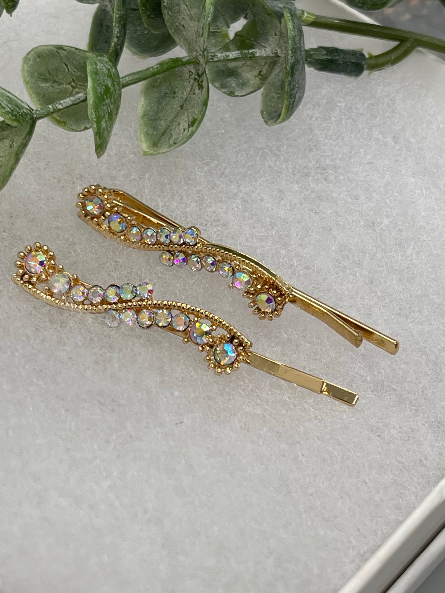 Iridescent crystal rhinestone approximately 2.0” gold tone hair pins 2 pc set wedding bridal shower engagement formal princess accessory accessories