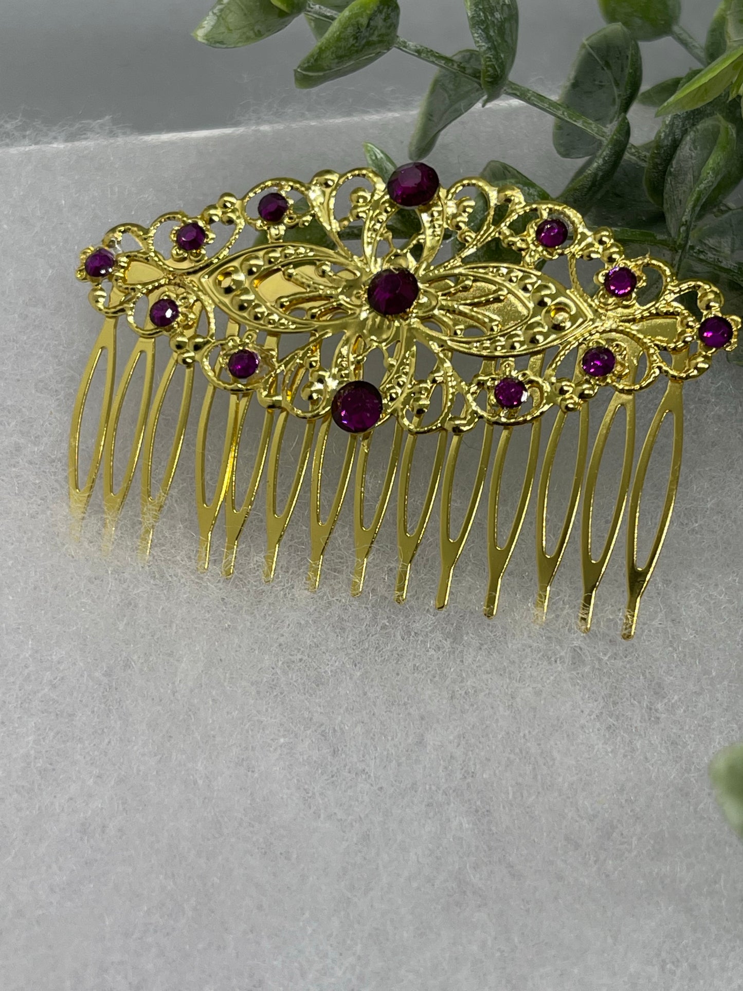 Purple  crystal vintage style silver tone side comb hair accessory accessories gift birthday event formal bridesmaid wedding 3.5” gold  tone side comb