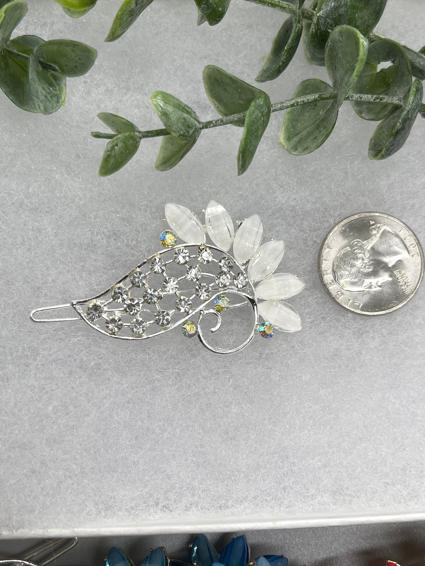White Crystal Rhinestone peacock hair clip approximately 3.0”Metal silver tone formal hair accessory gift wedding bridal engagement