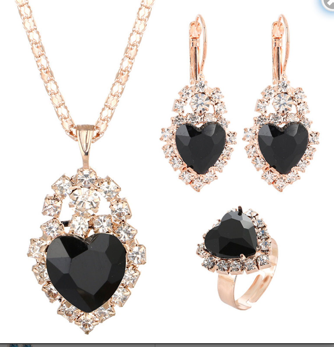 Black crystal rhinestone hearts 4 pc set gold necklace earrings ring set