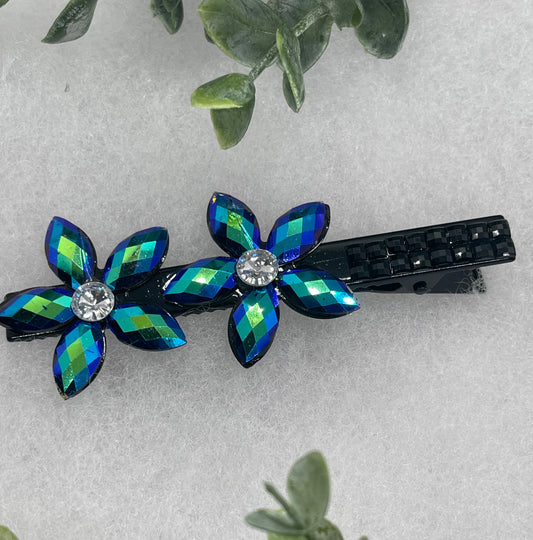 Teal Iridescent Crystal flower hair clip approximately 4.0” black tone formal hair accessory gift wedding bridal engagement