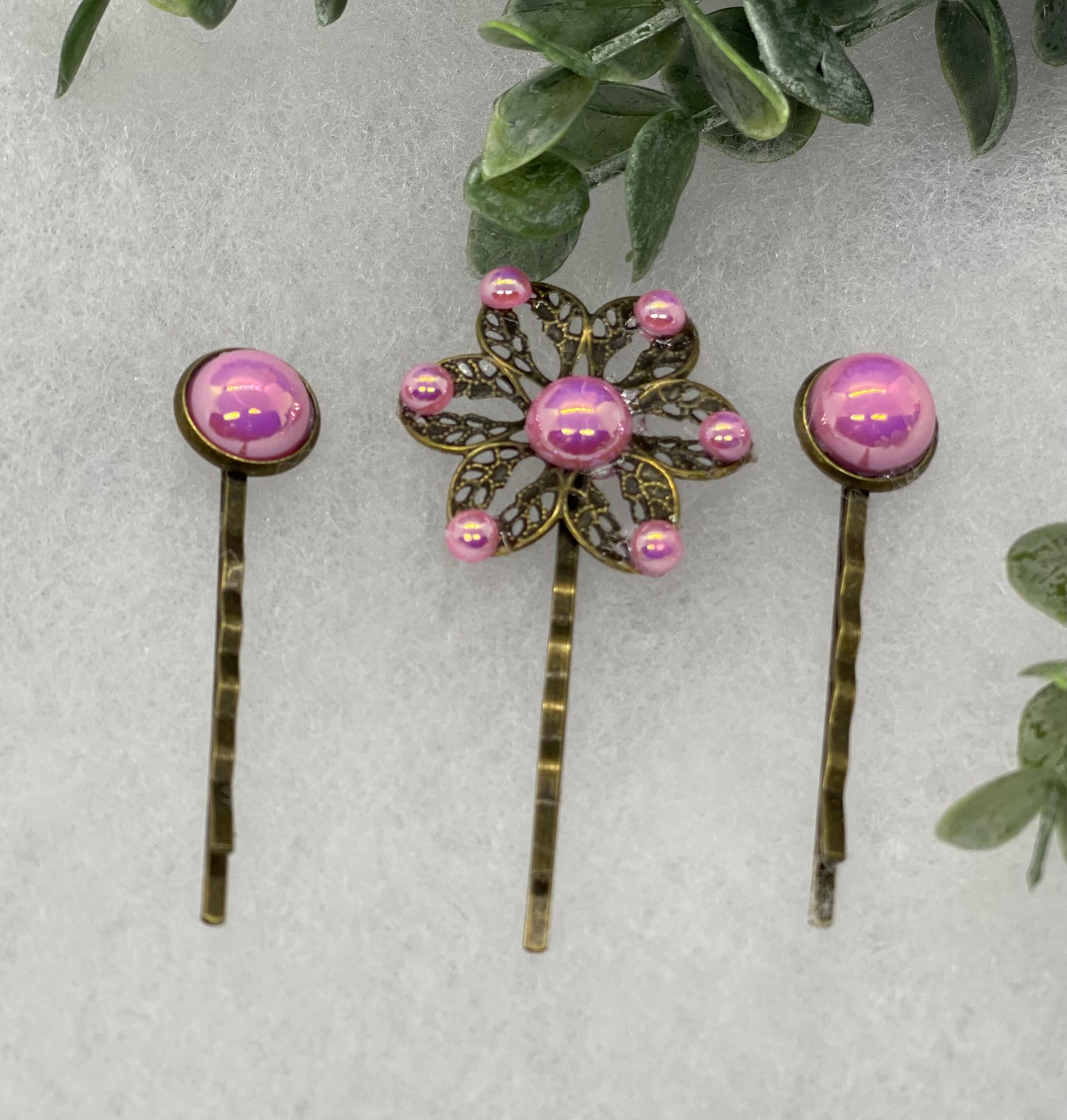 Pink faux pearl  3 pc set Antique vintage Style approximately 3.0” flower hair pin wedding engagement bride princess formal hair accessory