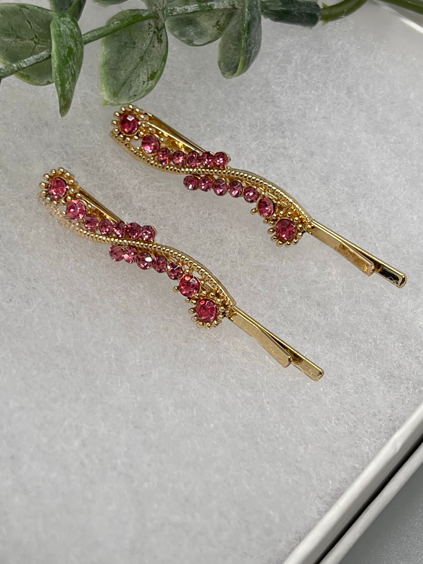 Pink crystal rhinestone approximately 2.5” gold tone hair pins 2 pc set wedding bridal shower engagement formal princess accessory accessories
