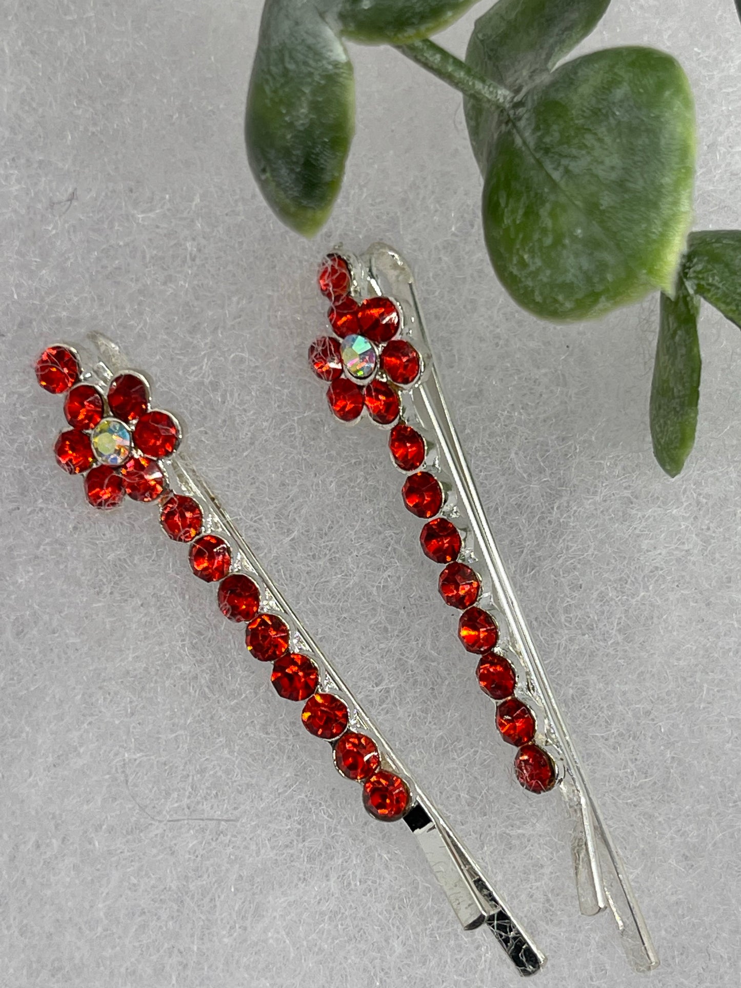Red crystal rhinestone approximately 2.0” silver tone hair pins 2 pc set wedding bridal shower engagement formal princess accessory accessories