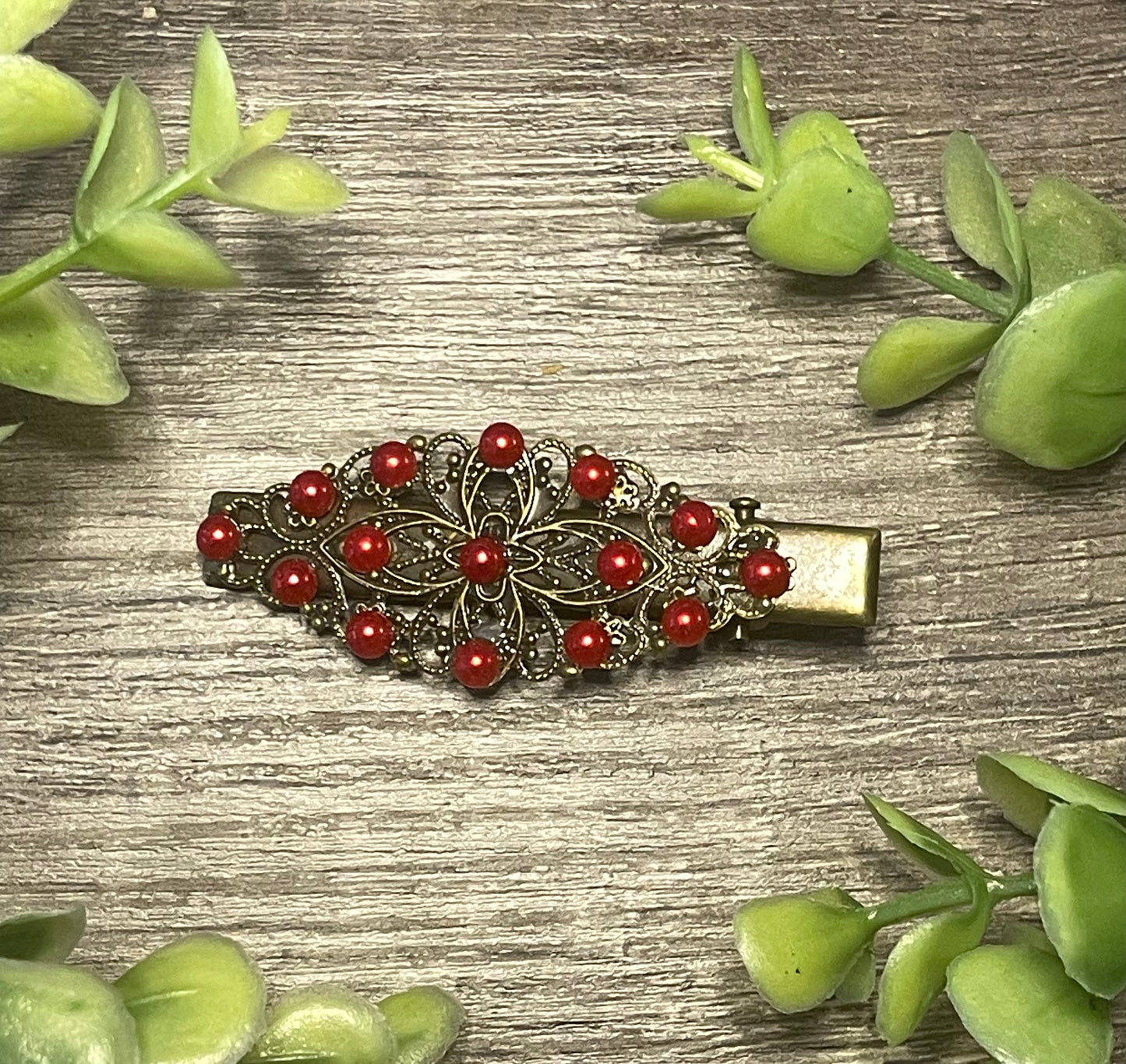 Red faux Pearl antique style hair alligator clip approximately 2,5” long Handmade hair accessory bridal wedding