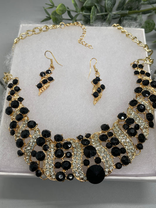 Black gold crystal rhinestone necklace earrings set wedding engagement formal accessory