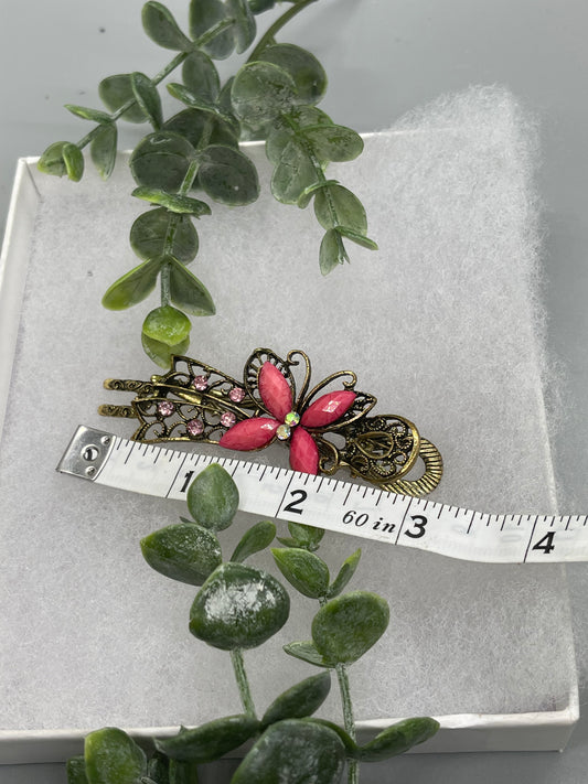 Pink antique vintage crystal rhinestone butterfly alligator clip approximately 3.0” antique tone formal hair accessory