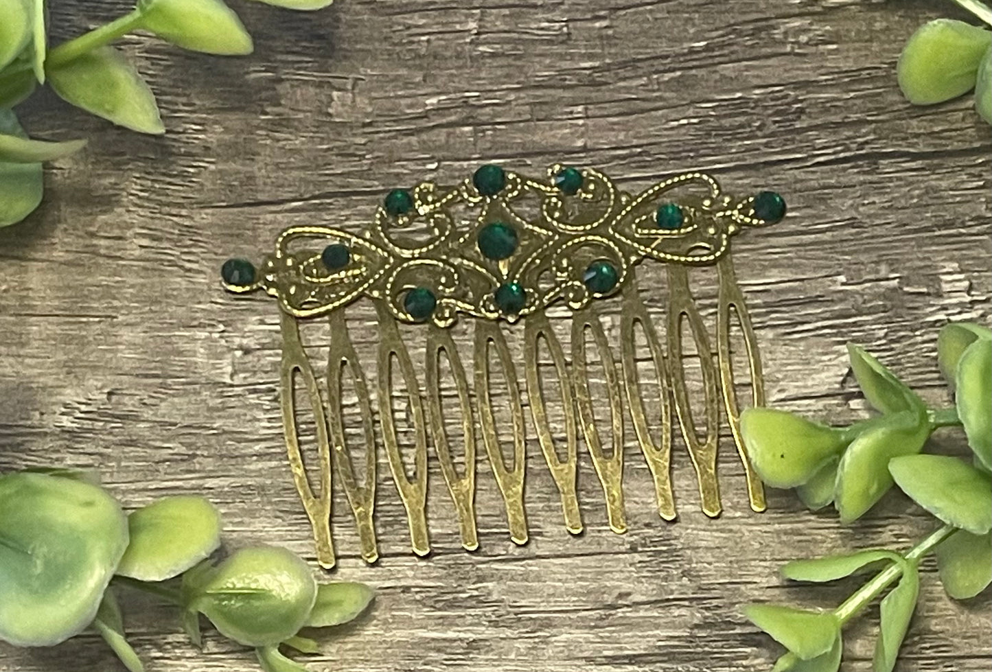 Emerald green Vintage Style Crystal Rhinestone 2.5” antique tone Metal side Comb bridal accessories