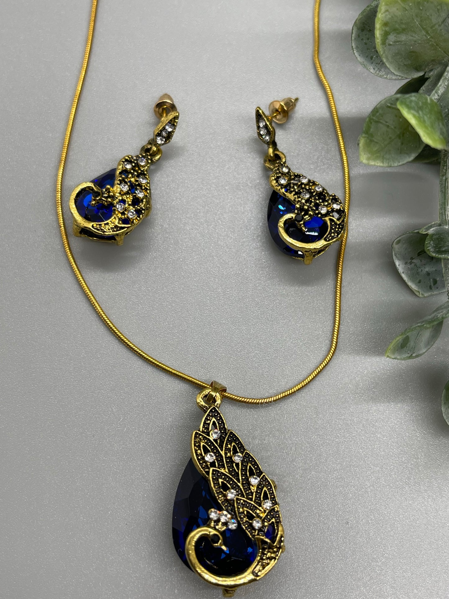 Royal blue Crystal peacock necklace earrings set
