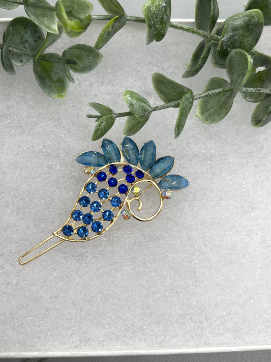 Blue Crystal Rhinestone peacock hair clip approximately 3.0”Metal gold tone formal hair accessory gift wedding bridal engagement